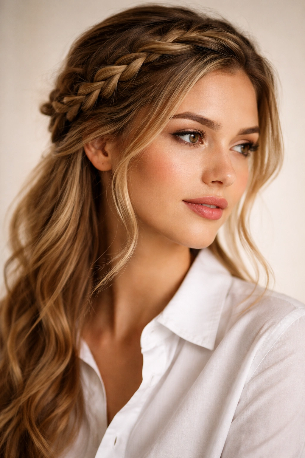 Head-and-shoulders with a loose braided crown hairstyle