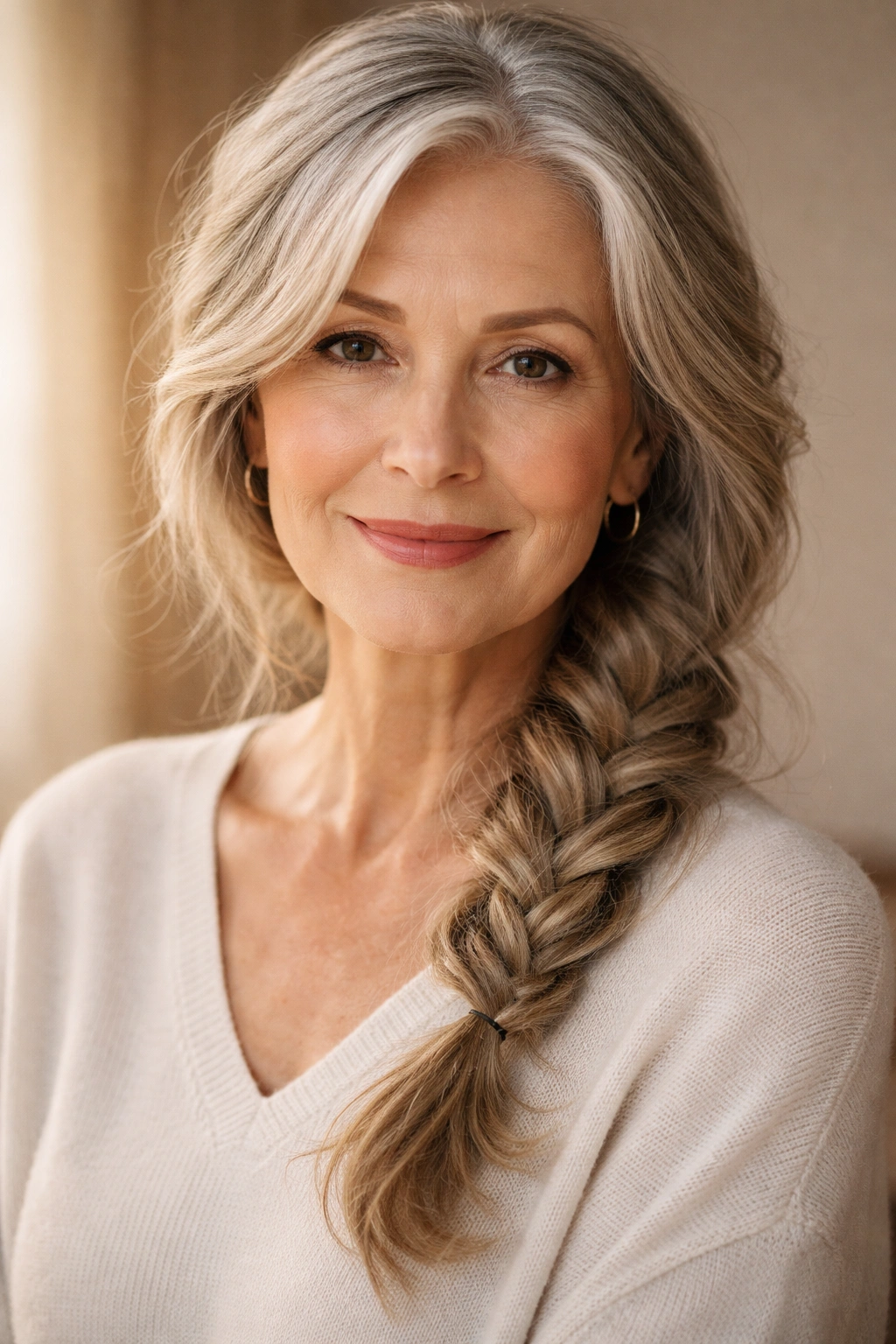 Woman with loose side braid and twists, textured waves