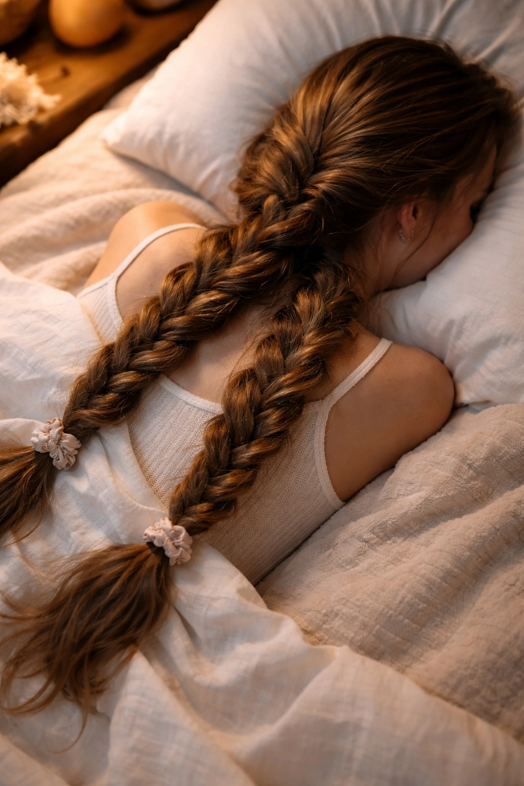 One or two large loose braids in damp hair on soft fabric background