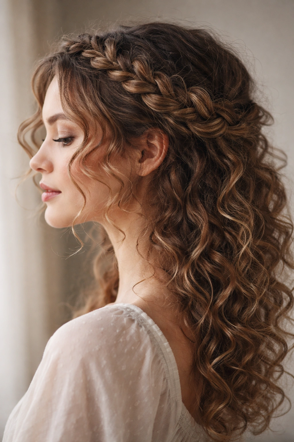 10 Easy Curly Hairstyles You Can Wear Every Day 3 Side view of a loose crown braid with curls showing texture