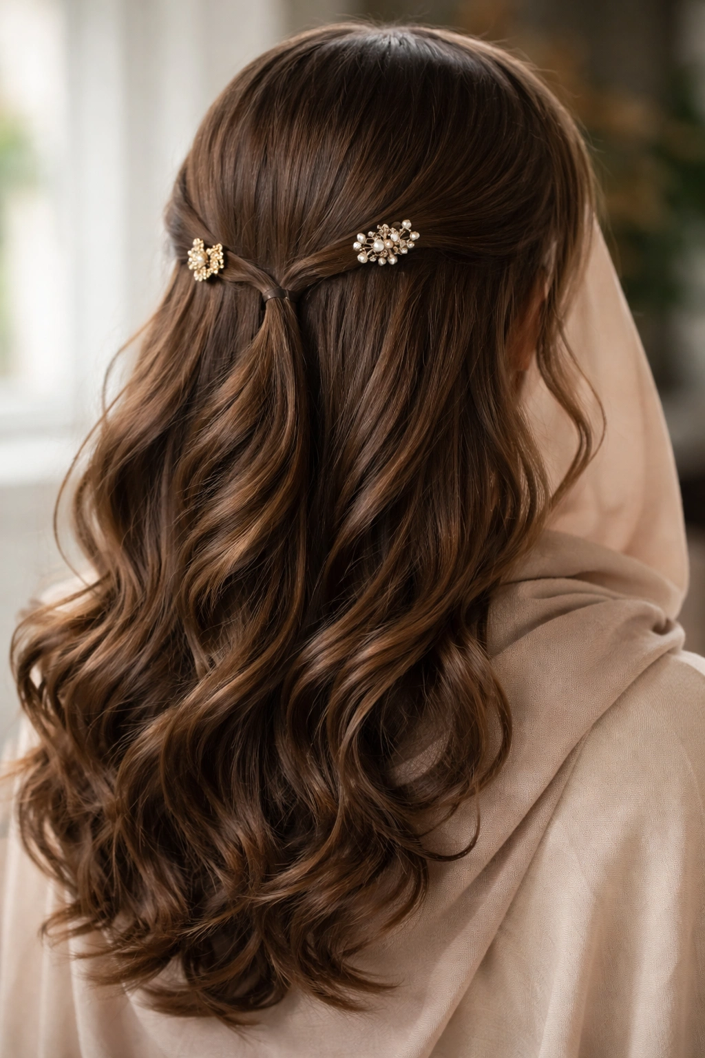 Loose curls with decorative clips holding front sections back