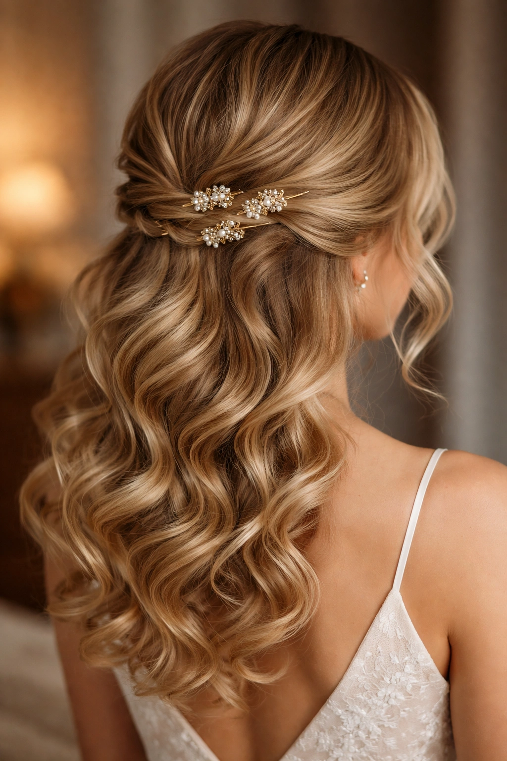 Loose, romantic curls pinned with decorative hairpins
