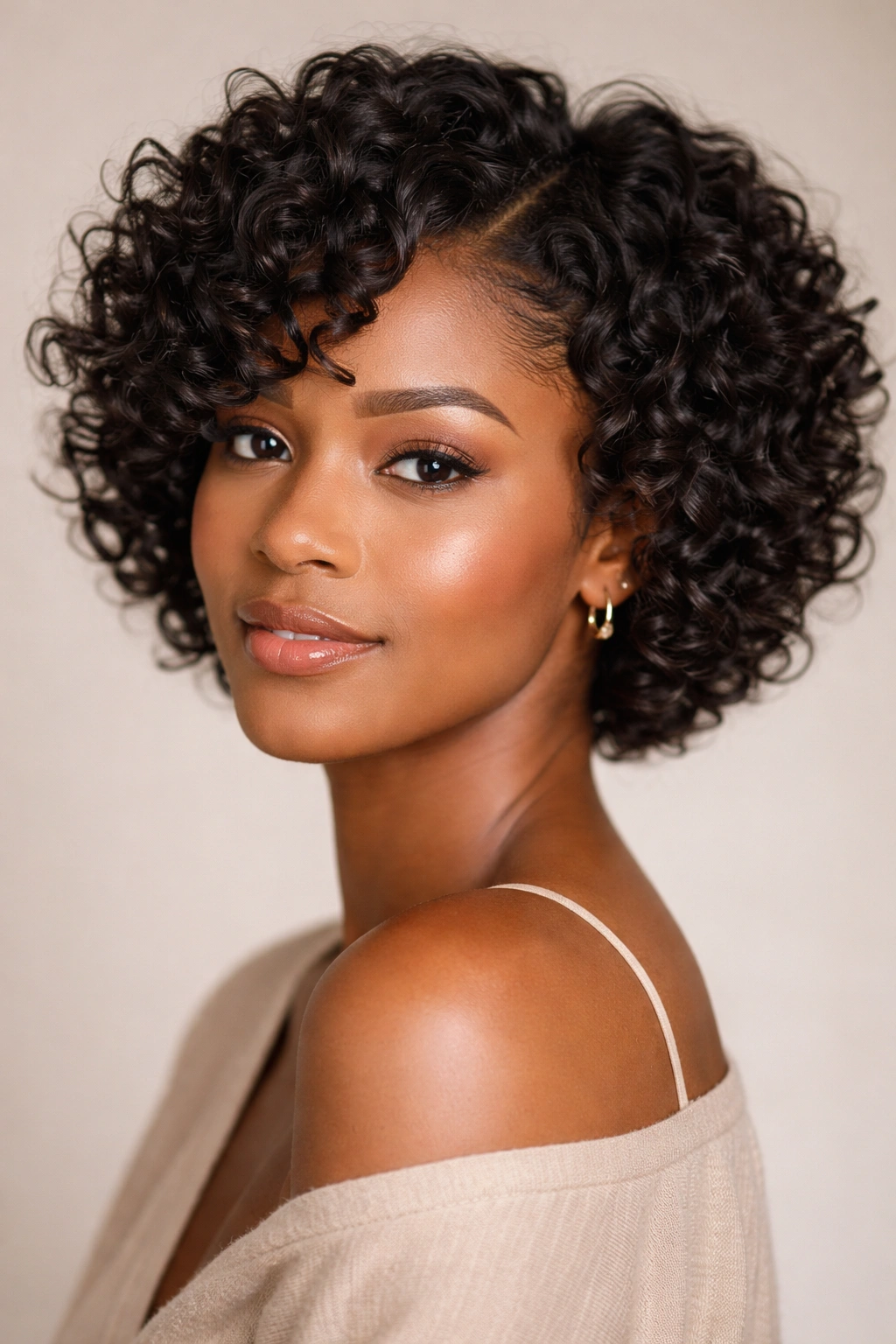 Close-up of short natural hair with loose curls and soft lighting