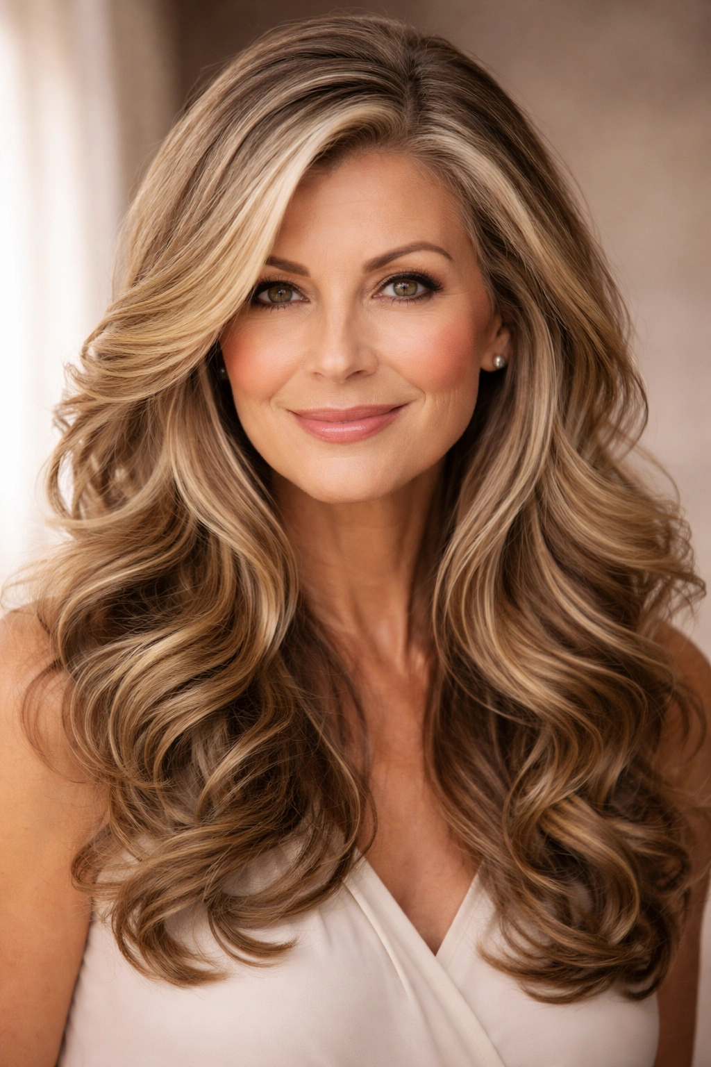 Portrait of long hair with large loose curls and a side part, soft and glamorous