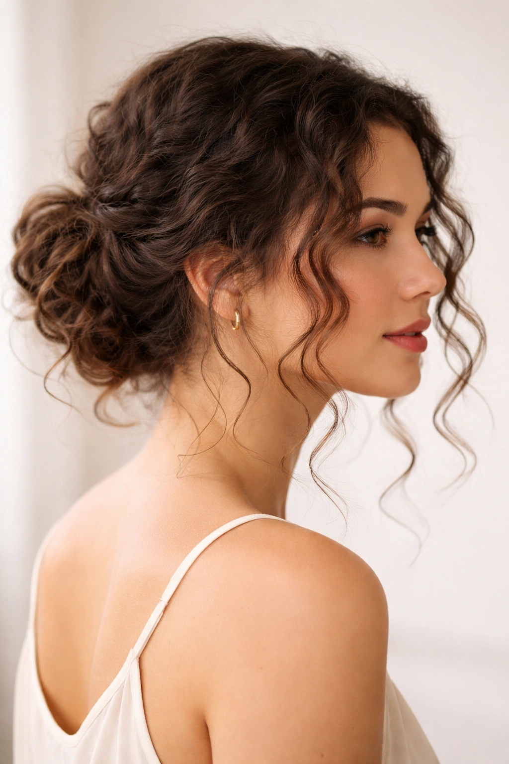 10 Easy Curly Hairstyles You Can Wear Every Day 9 Three-quarter rear view of a loose low bun with face-framing curls
