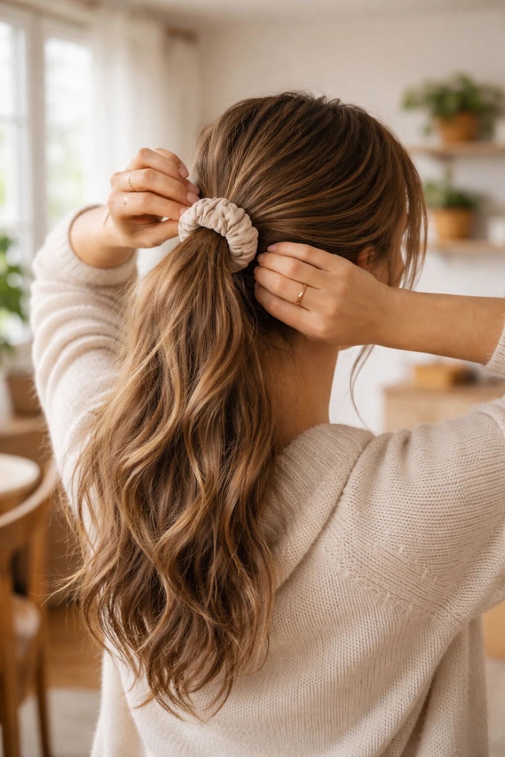 Person adjusting a loose ponytail with a fabric-covered elastic in a warm home setting.