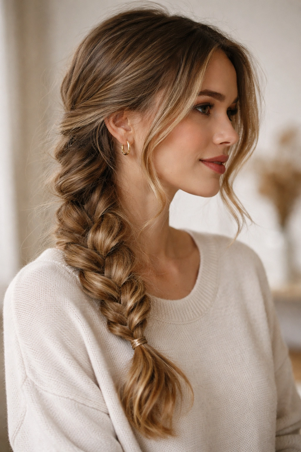 Loose side braid starting at the ear with soft textured strands