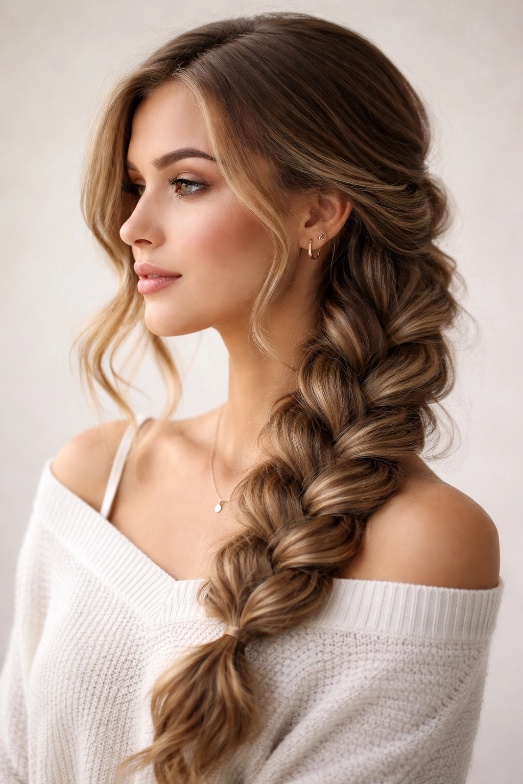 Loosely braided side braid with pancaked waves over shoulder
