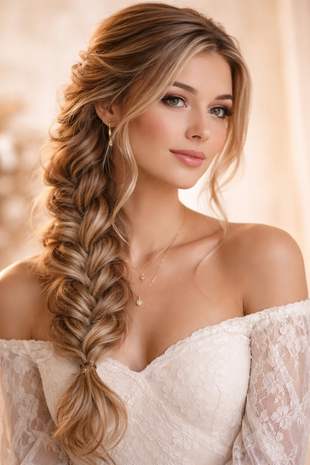 Side view of a loose three-strand braid with pancake fullness