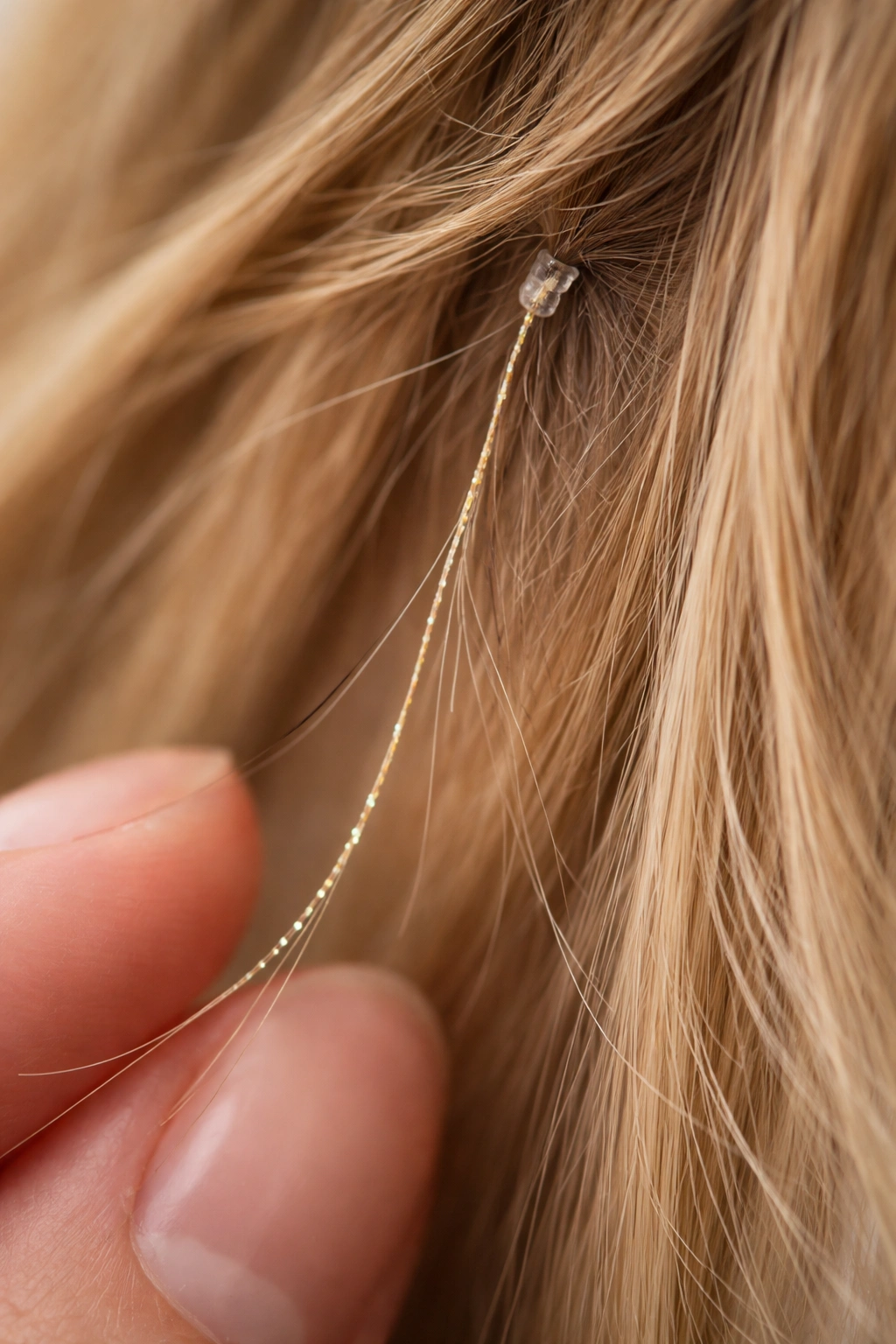 Loose tinsel strand near attachment showing wear