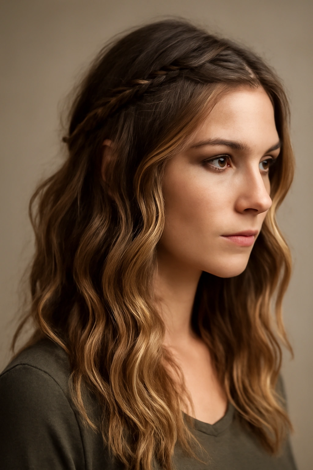 8 Viking Inspired Haircuts Women Are Trying Right Now 7 Close-up of loose waves with partial crown braid, Viking-inspired hairstyle highlighting texture