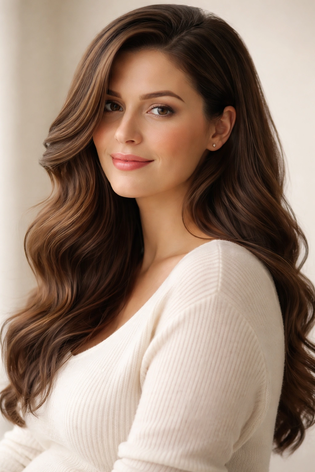 Pregnant woman with deep side part and loose waves