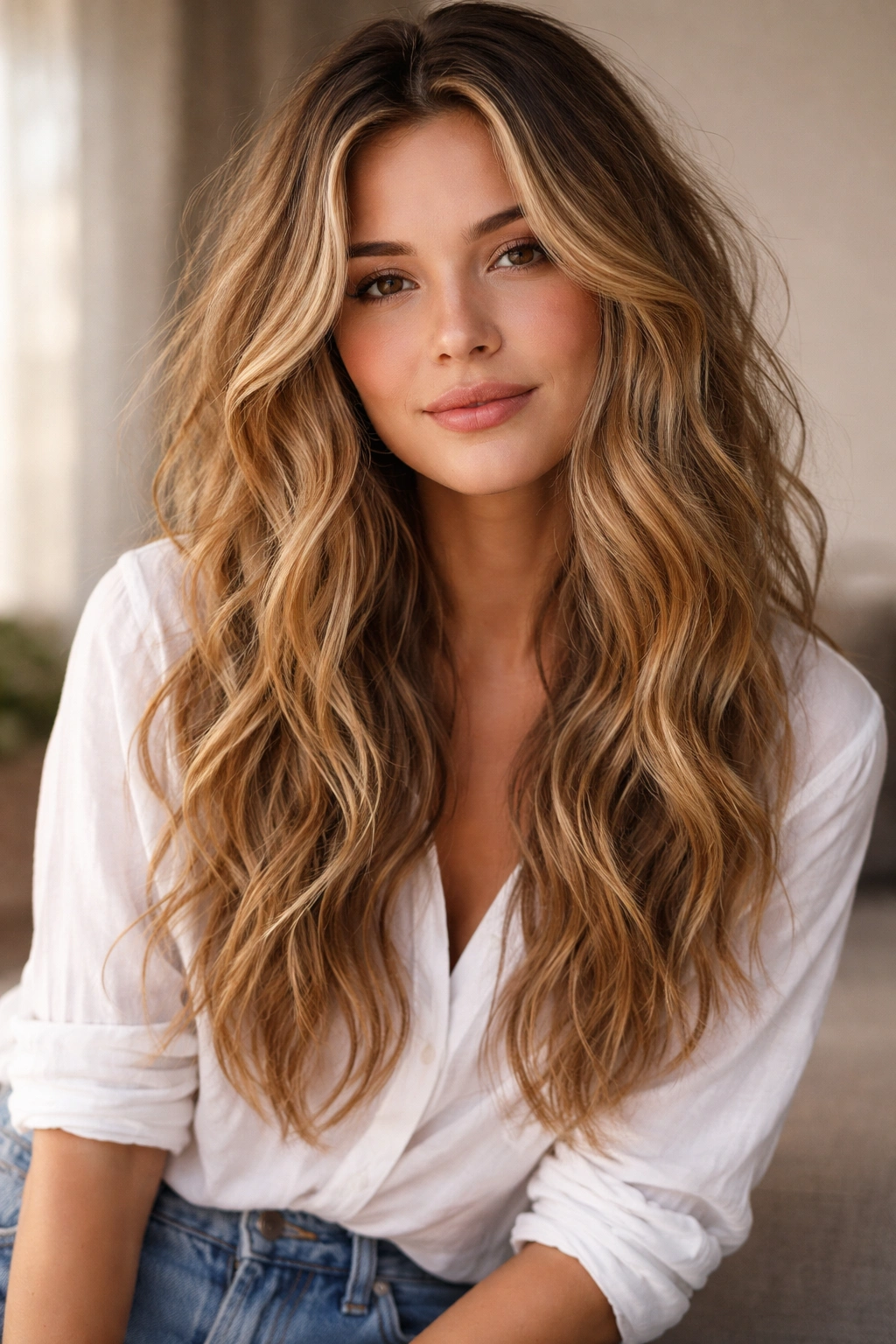 Close-up of long, loose beachy waves with natural texture
