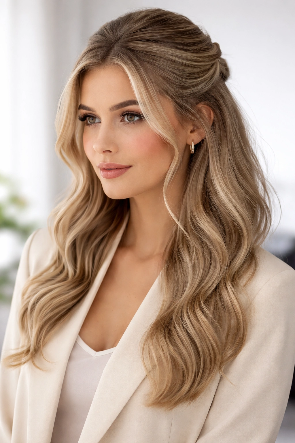 Half-up hairstyle with loose waves and top section secured