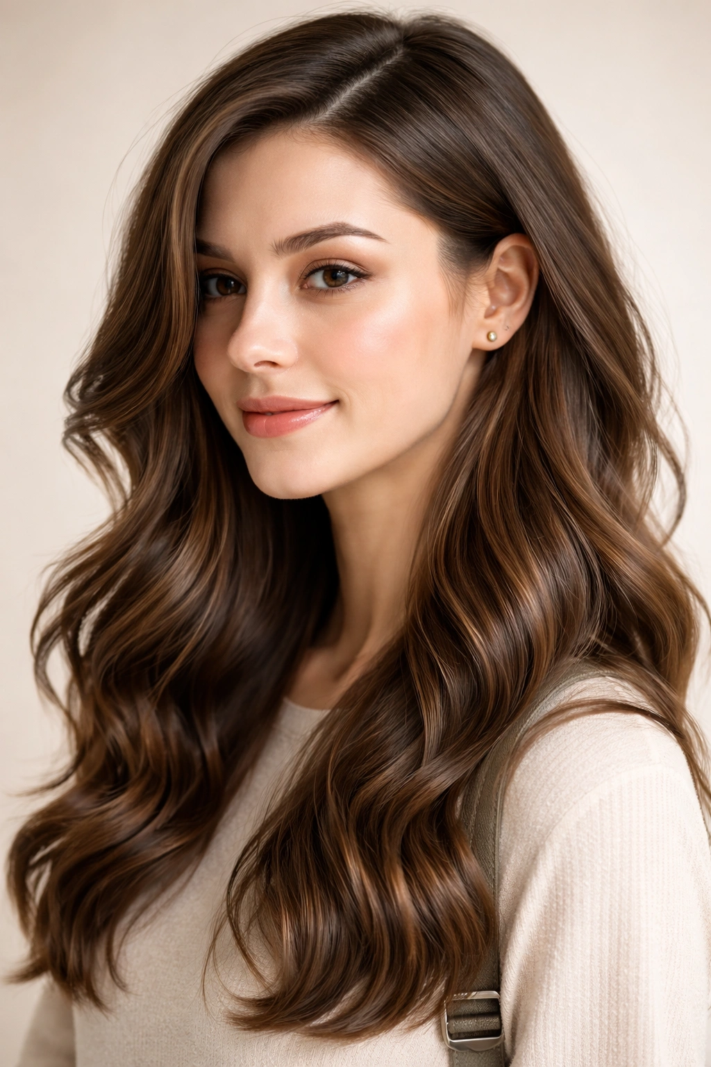 Loose waves with a deep side part and natural shine