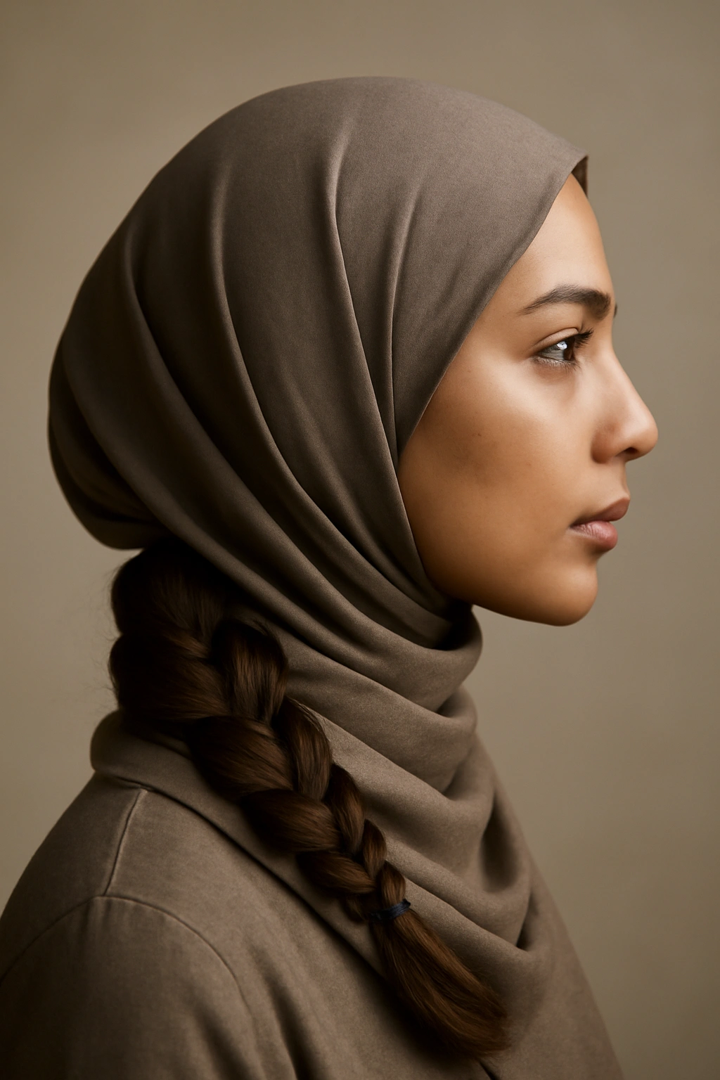 10 Everyday Hairstyles for Women Who Wear a Hijab 7 Close-up side profile of hijab wearer with a low braid at the nape
