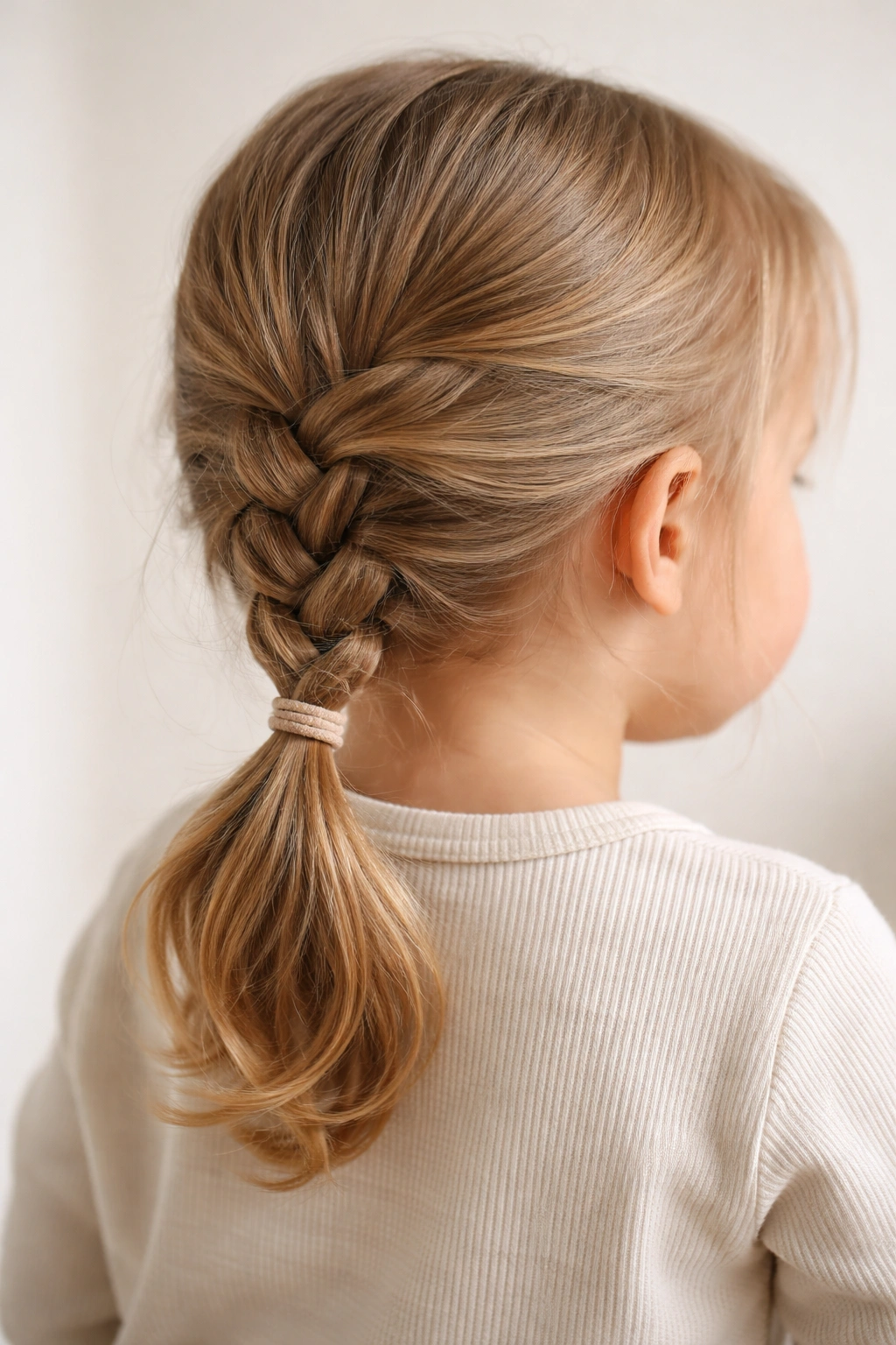 Close-up of a low braid bunched into a ponytail at the nape.