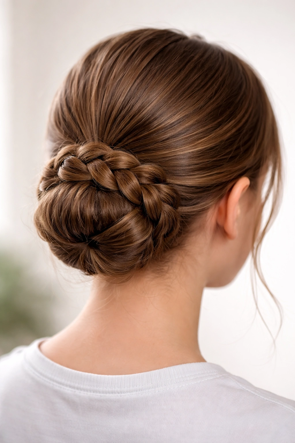 Teen girl with a low braided bun at the nape showcasing braid wrap