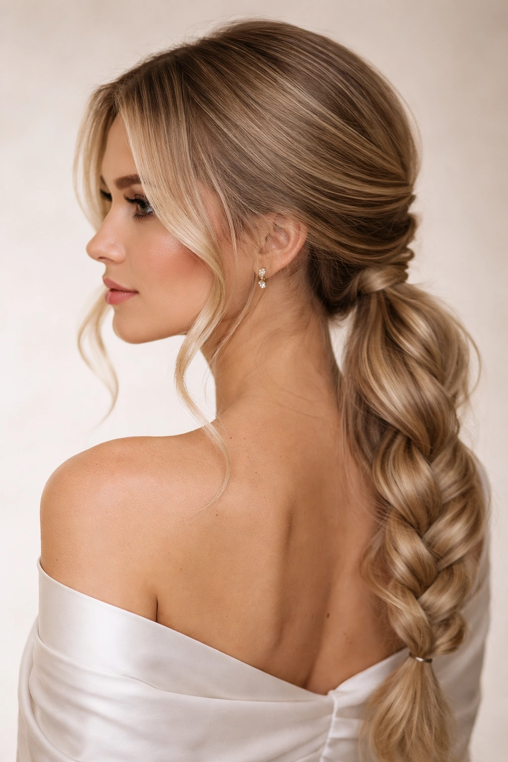 Low braided ponytail with face-framing curls