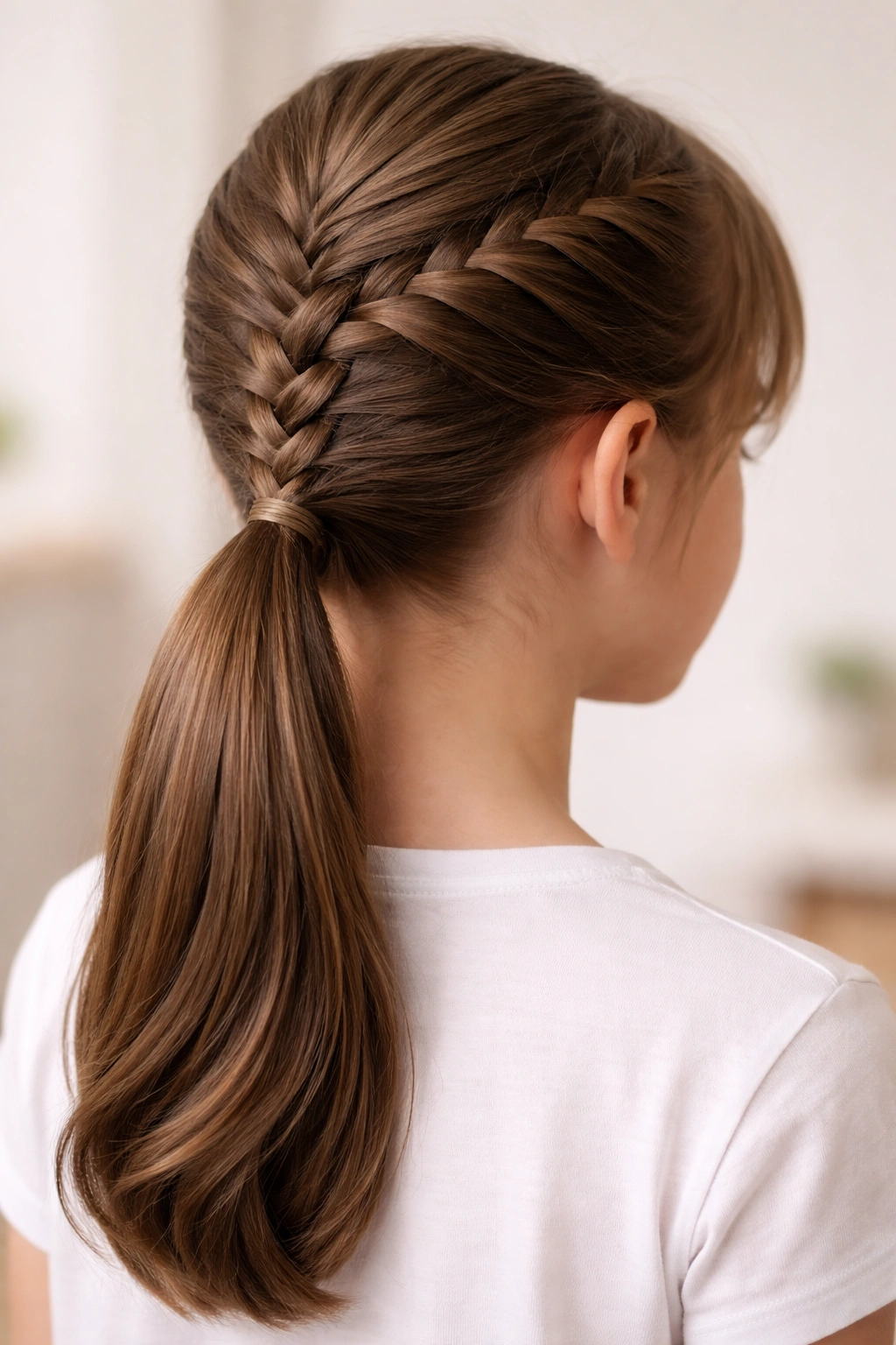 Low braided ponytail with French braid feeding into ponytail.