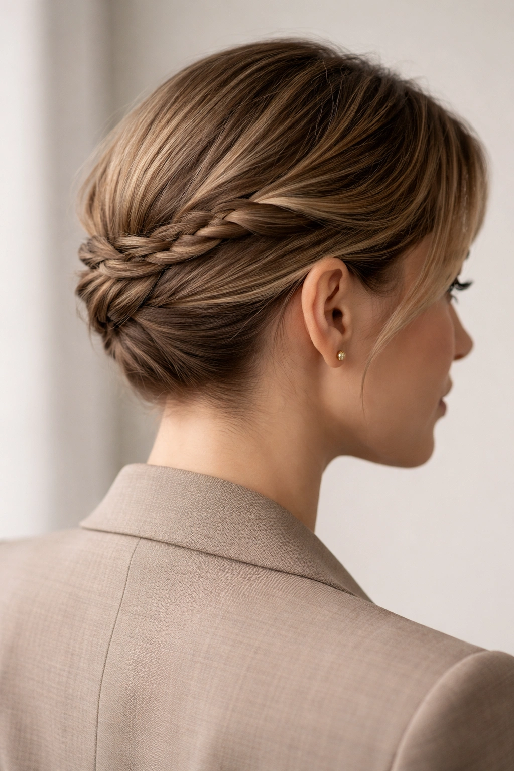 Portrait of a person with a low braided twist detail in a short hairstyle
