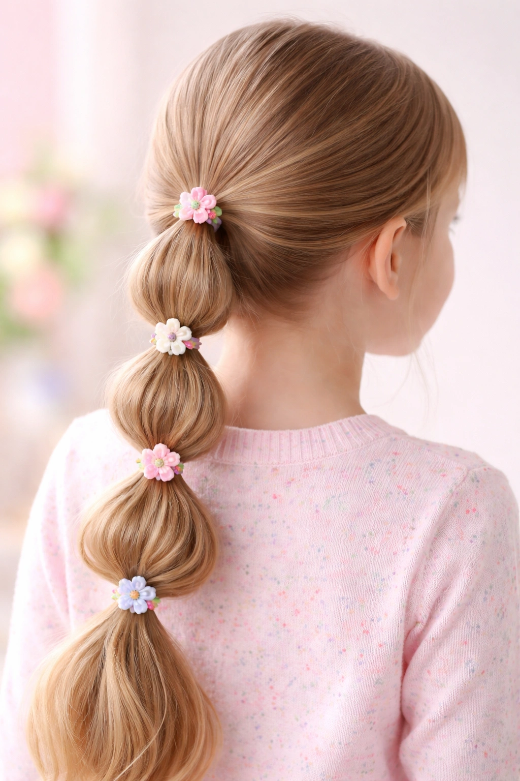 Low bubble ponytail with pastel flower accents
