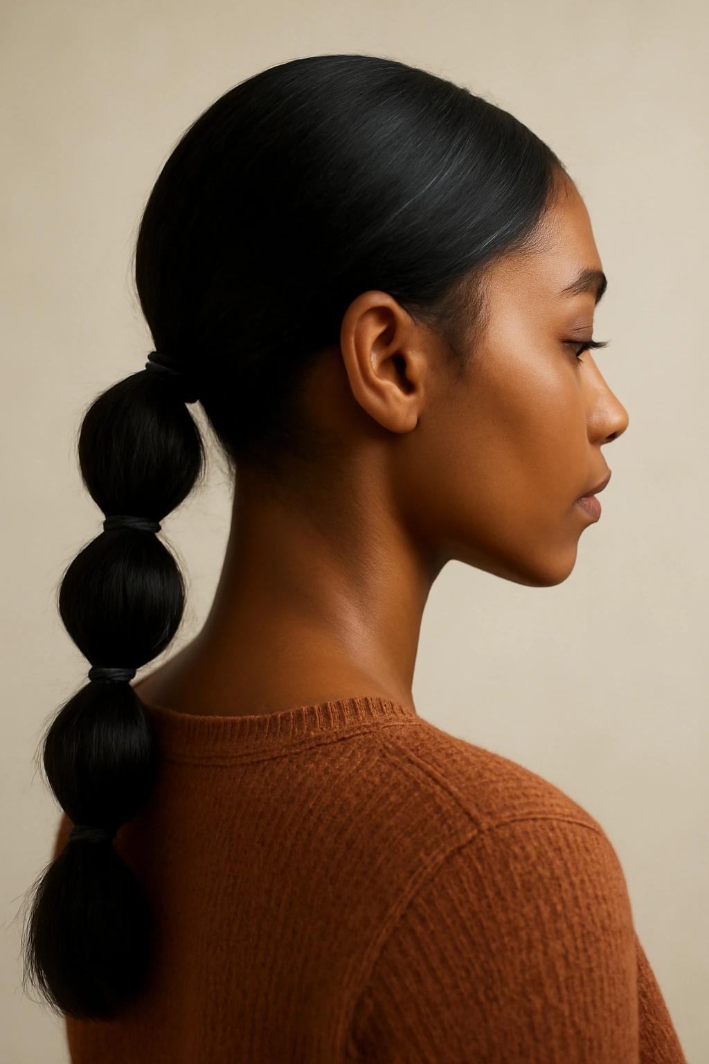 10 Bubble Ponytail Styles Black Women Love Right Now 4 Close-up of a Black woman with a low side placed bubble ponytail