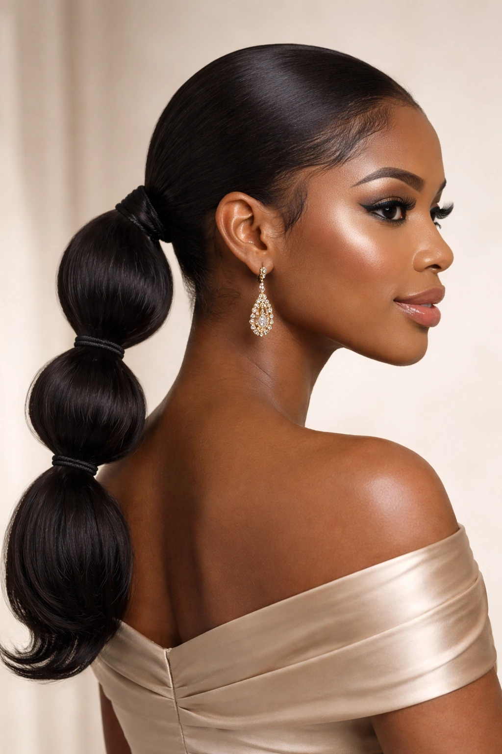 Low bubble ponytail at the nape with refined bubbles