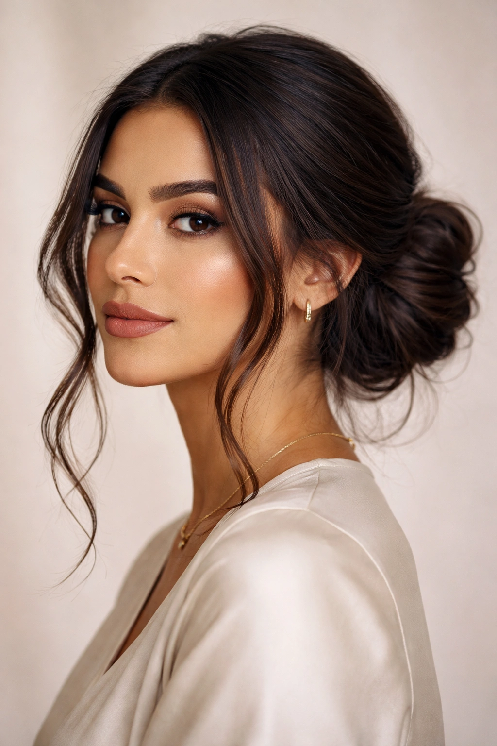 Arab woman with a low bun and face-framing pieces