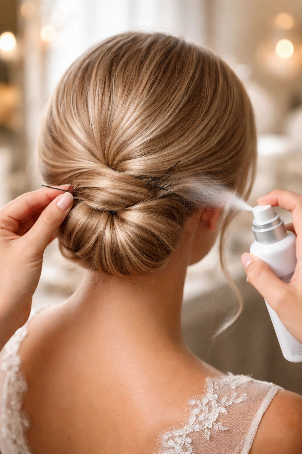 Close-up of a low bun secured with bobby pins in a softly lit vanity, highlighting grip and texture