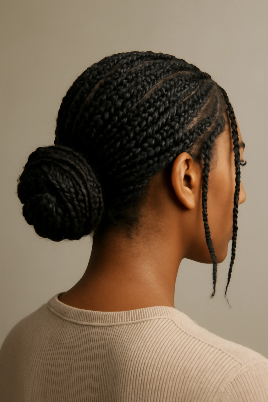 12 Short Box Braid Styles That Look Neat and Polished 6 Low bun made from box braids with face-framing strands