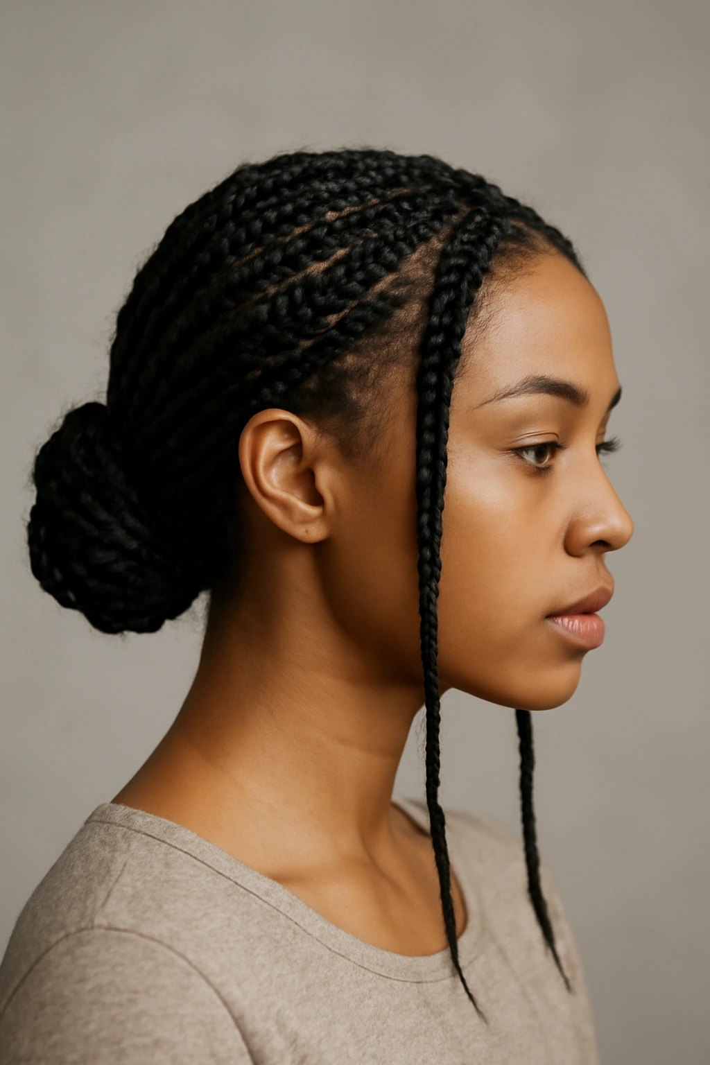 Close-up of a low bun with face-framing box braids at the nape.