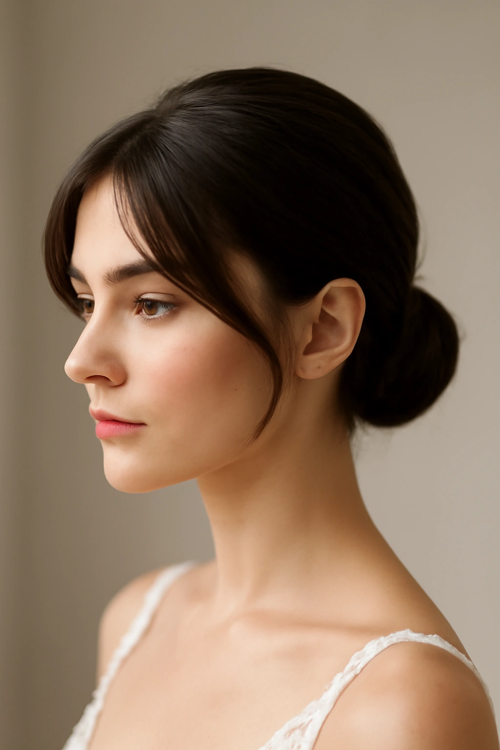 10 Short Bridal Hairstyles That Photograph Beautifully 2 Bridal portrait featuring a sleek low bun with softened face-framing layers