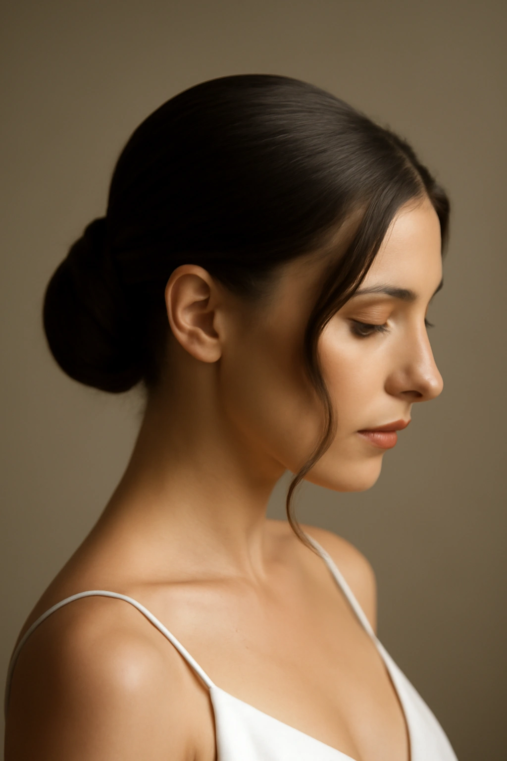 Close-up of a sleek low bun with tendrils framing the face for a bridal look