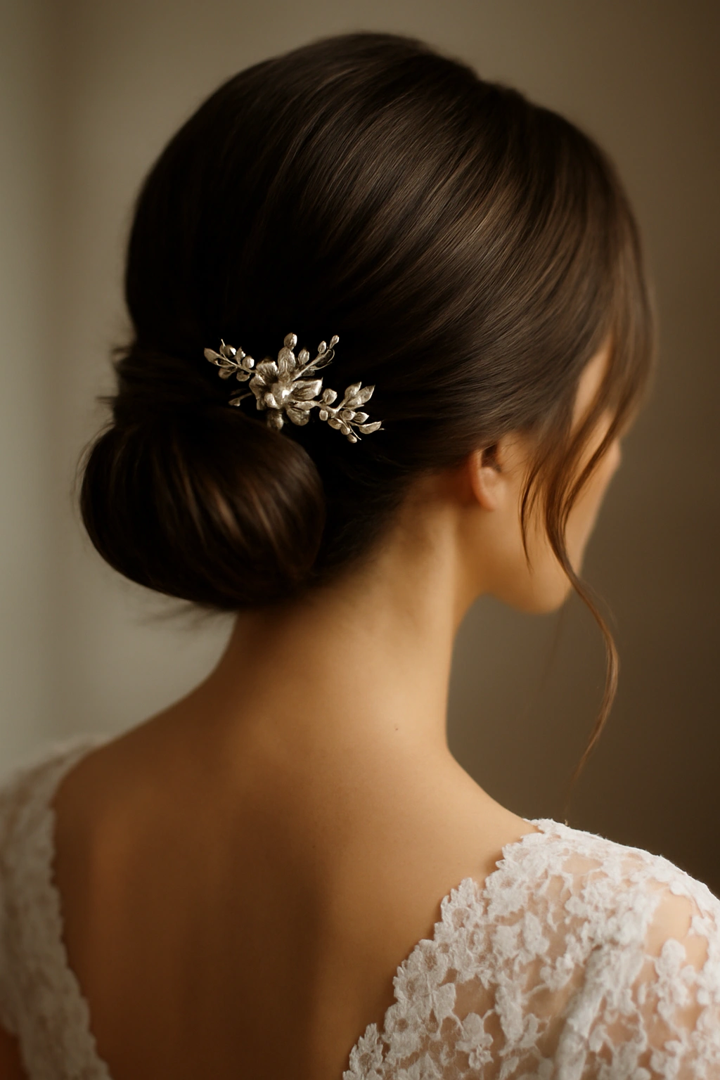 How to Create the Perfect Low Bun for Your Wedding 1 Close-up of bridal low bun with soft face-framing strands and vintage accessory.