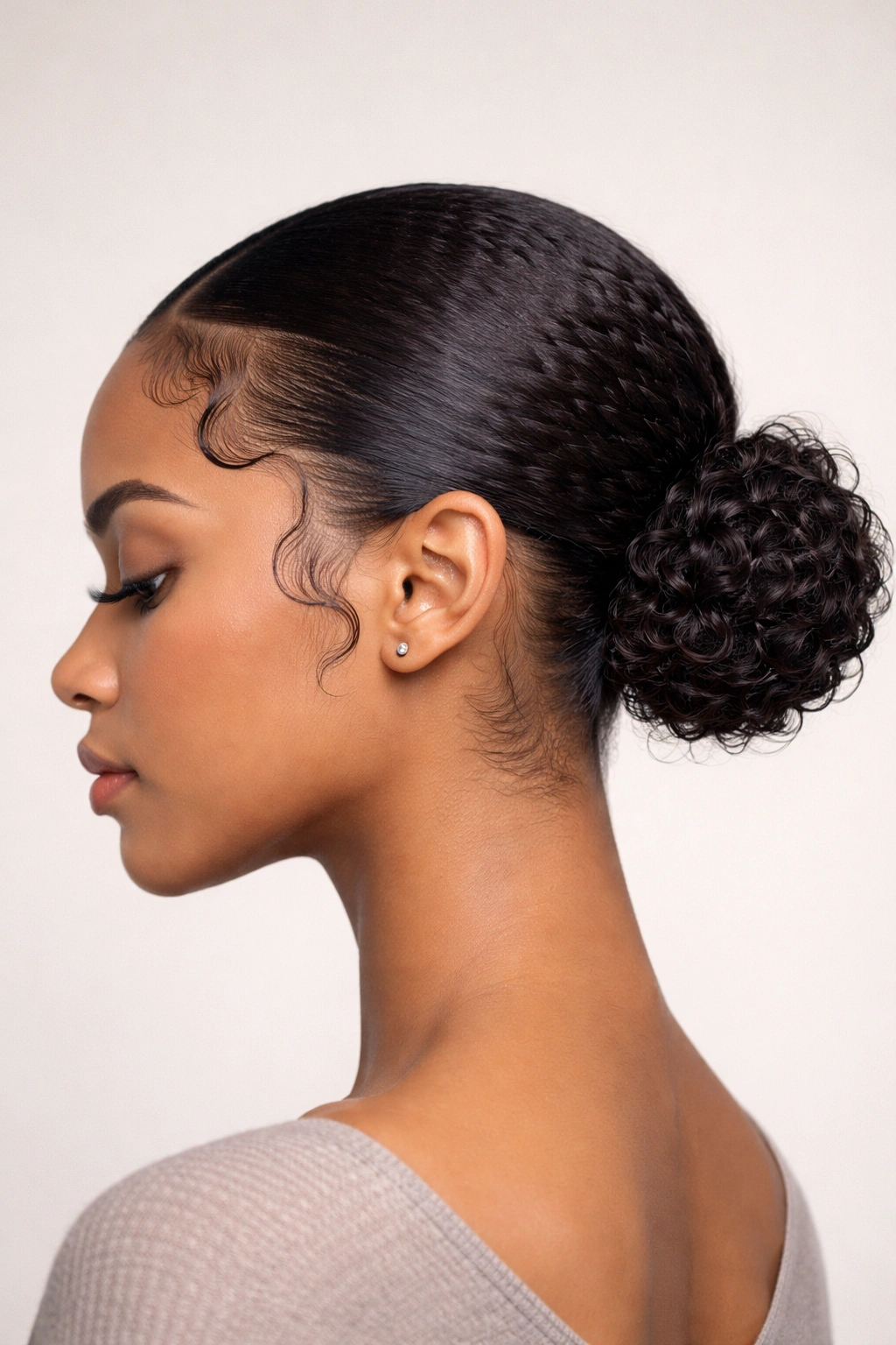 Profile view of a low curly bun with smooth edges and defined baby hairs