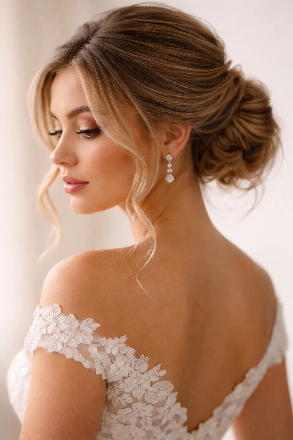 Close-up of a textured low bun with face-framing curls