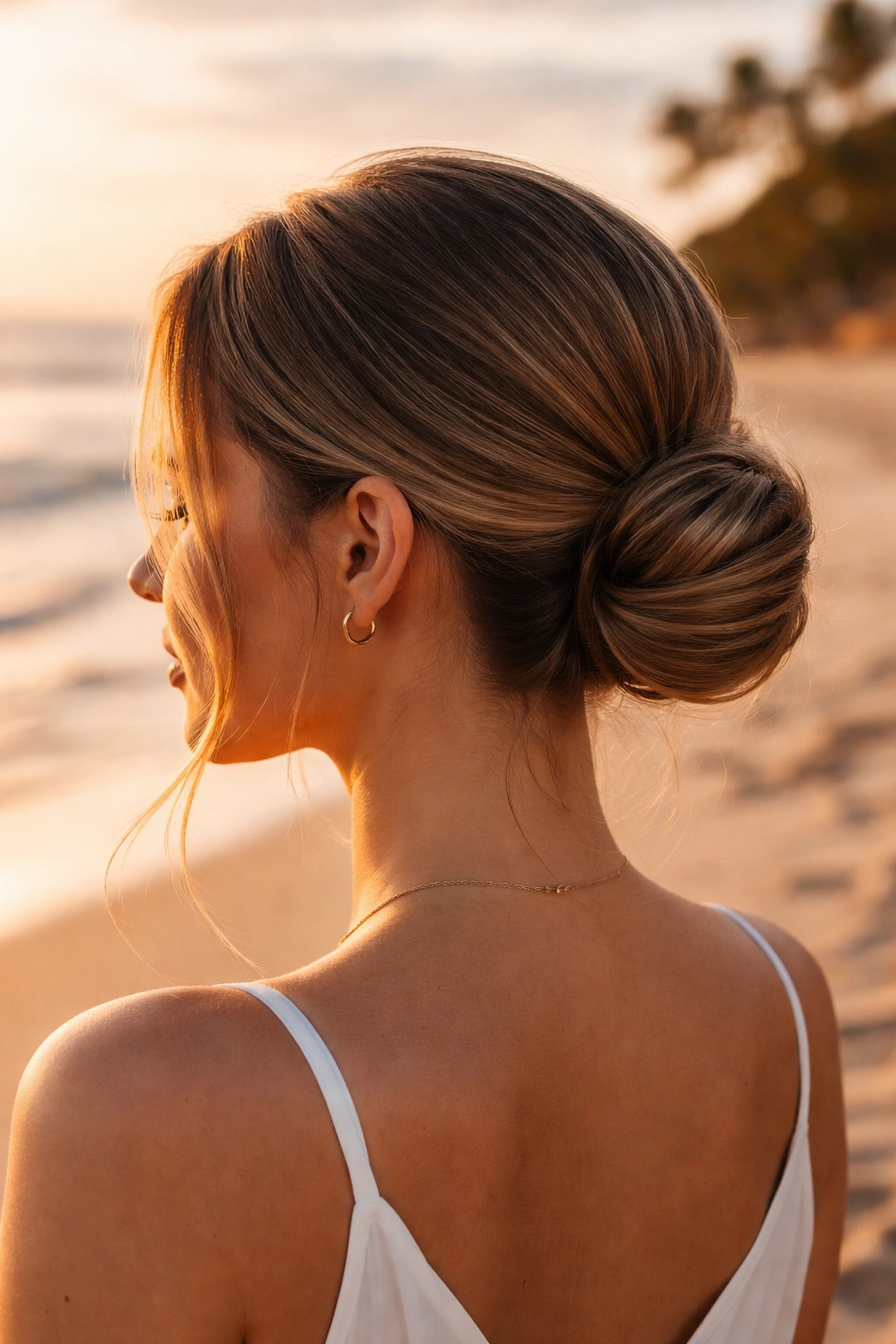 Close-up of sleek low bun with face-framing pieces at the beach