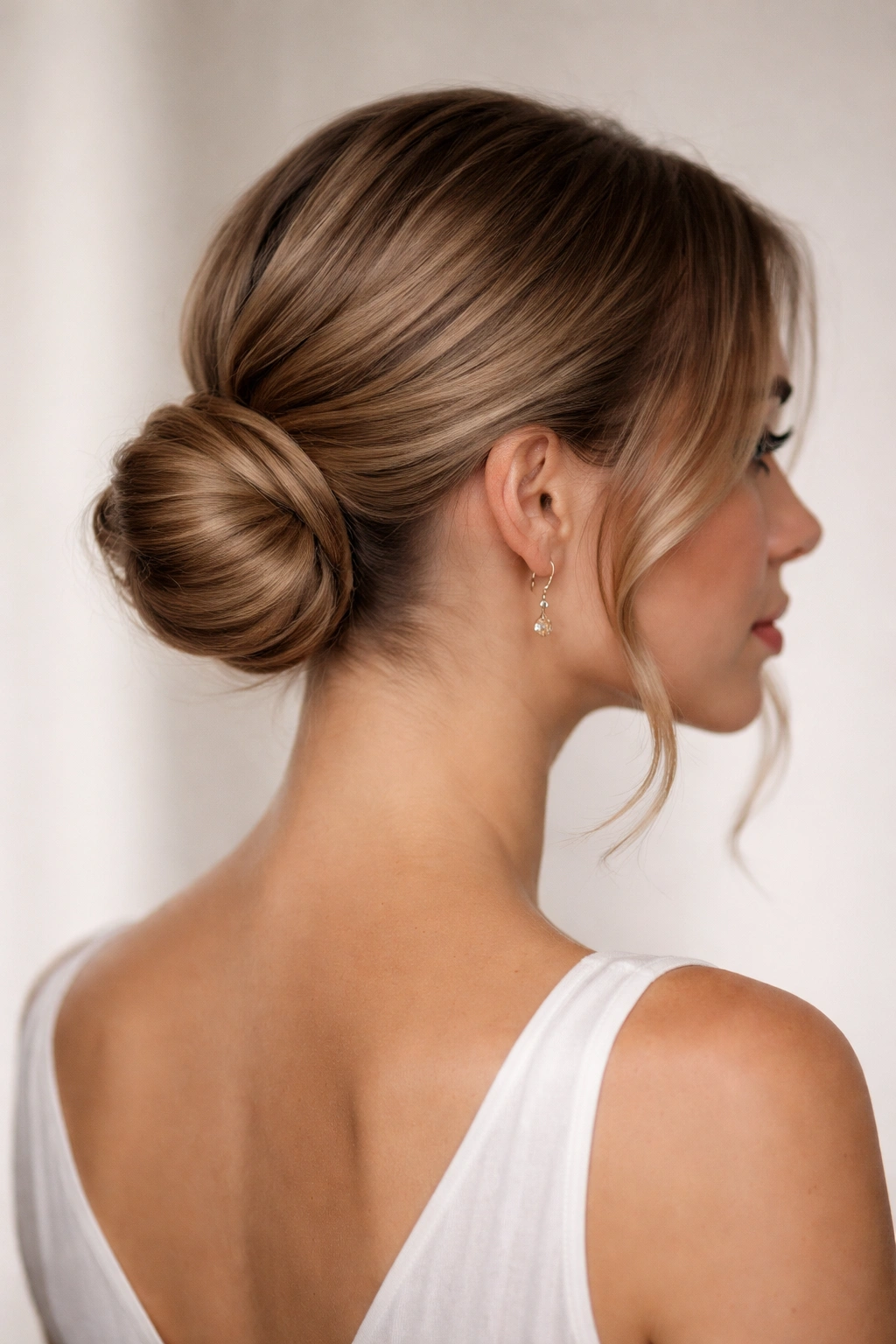 Close-up of a compact low bun at the nape with face-framing strands for softness