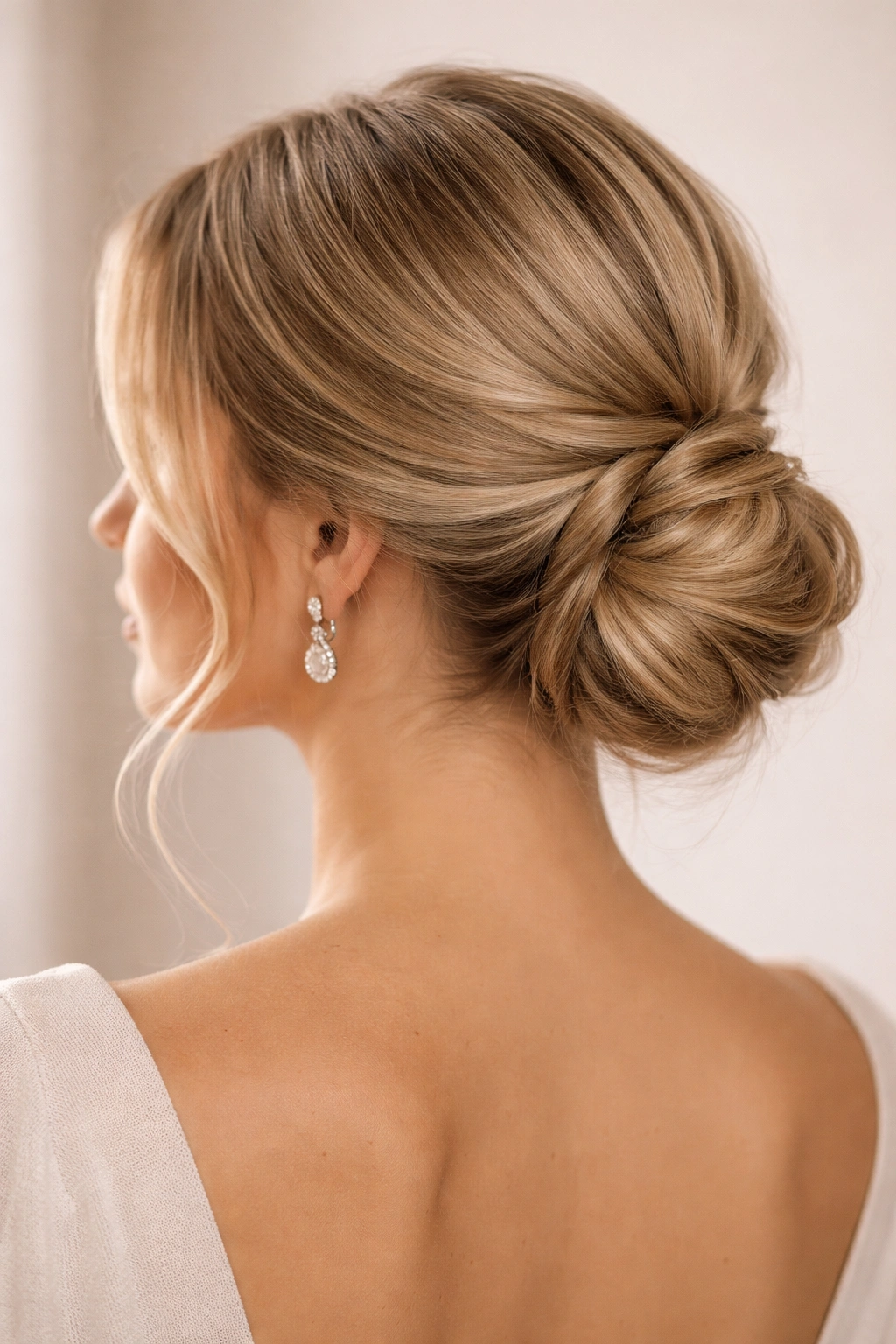Close-up of a textured low bun at the nape with wisps framing the face