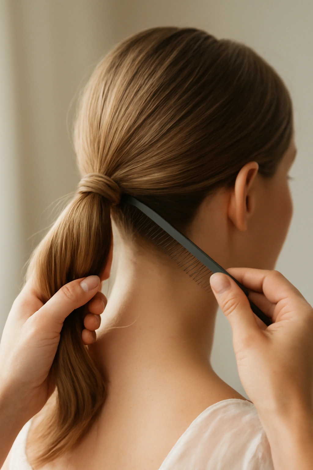 How to Create the Perfect Low Bun for Your Wedding 7 Close-up of bridal nape with hair gathered into a low ponytail at the nape