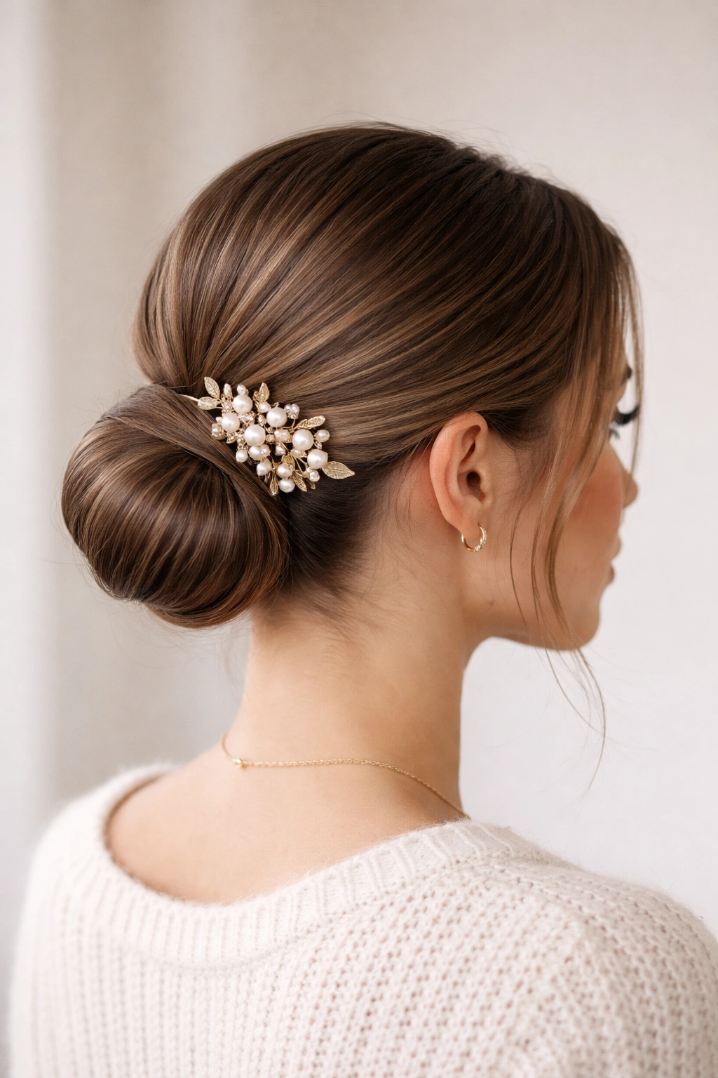 Sleek low bun with decorative accessory at the nape