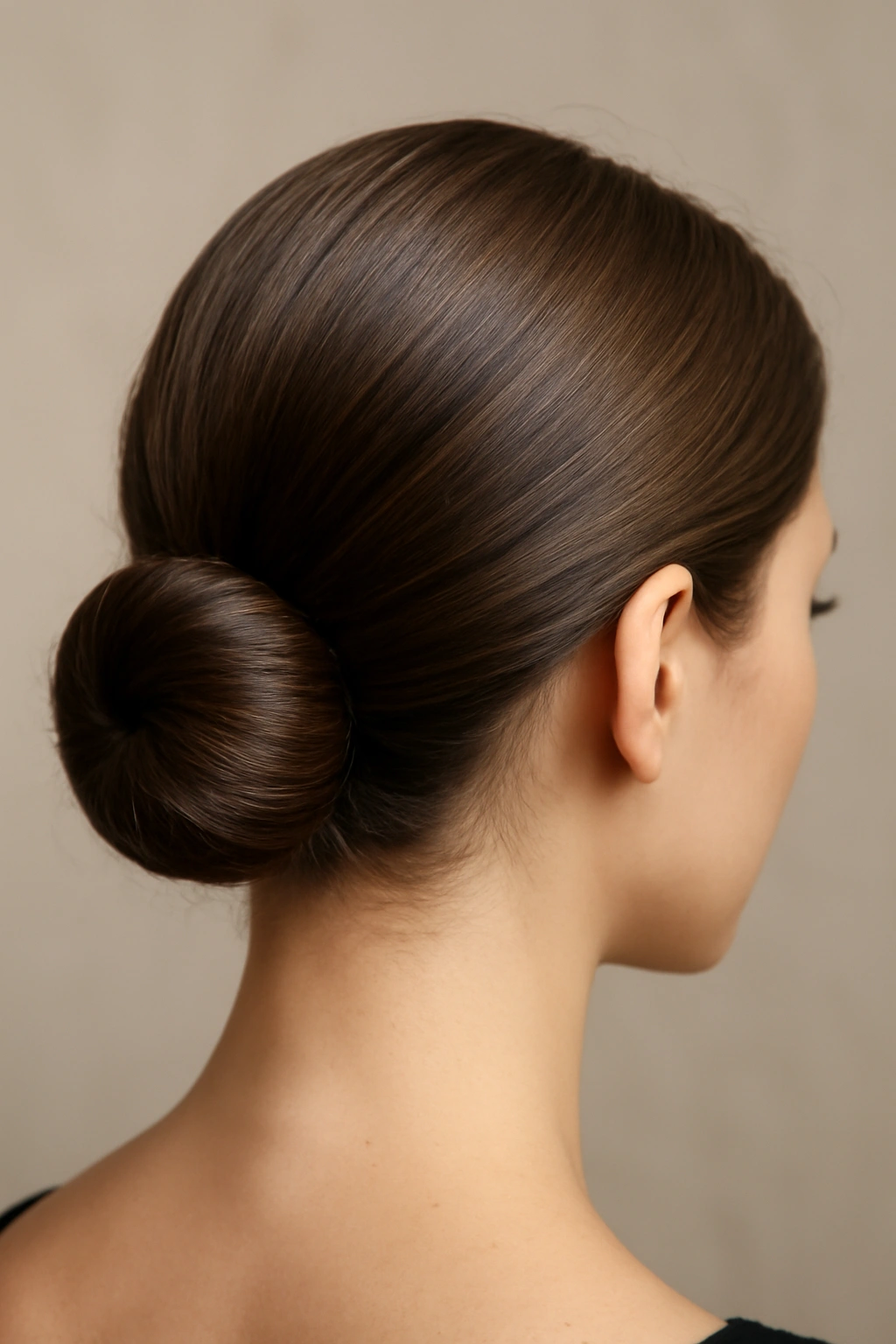 10 Helmet-Friendly Hairstyles That Stay Looking Good 1 Close-up of a sleek low bun at the nape of the neck, neat and polished.