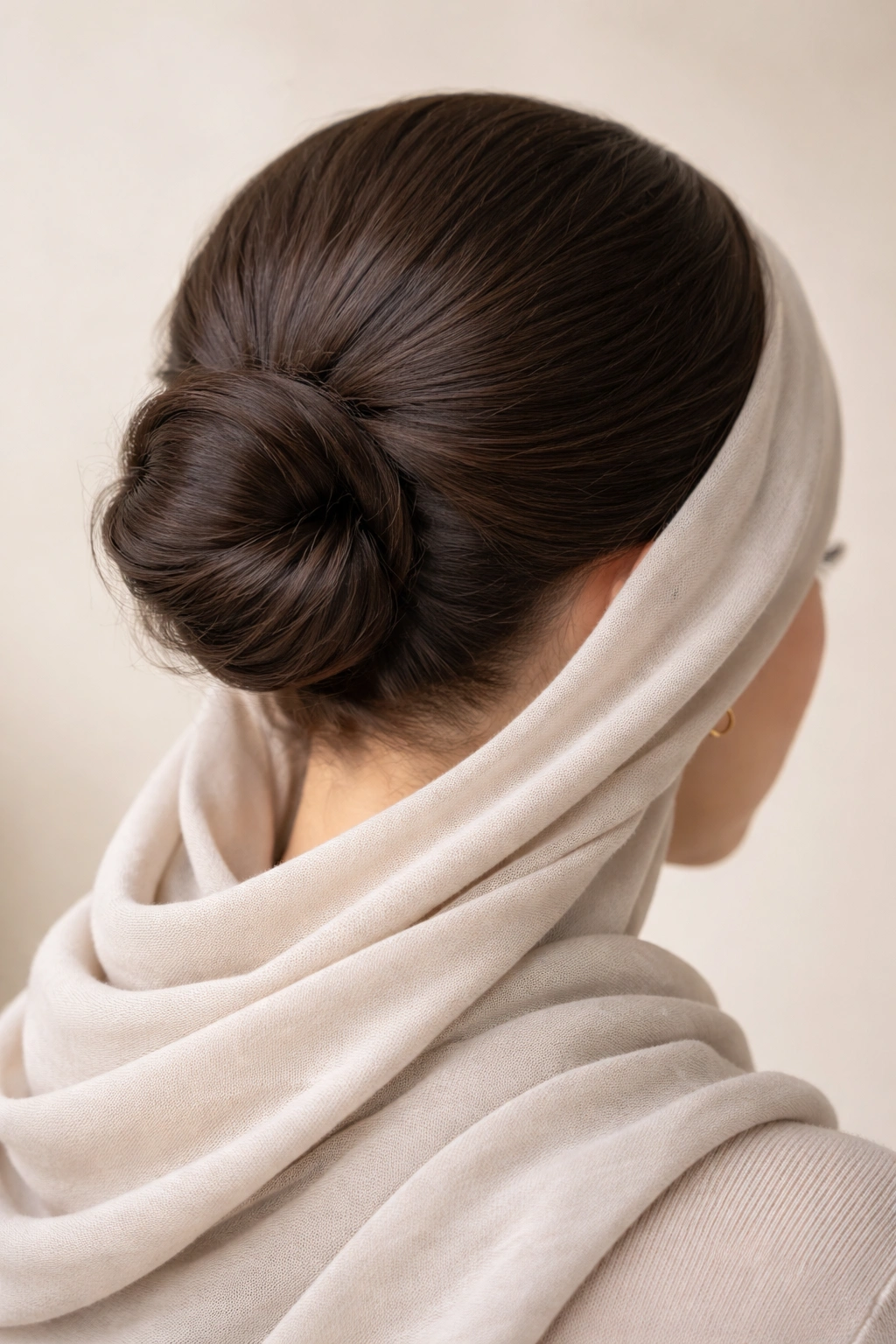 Close-up of a soft low bun at the nape of the neck, showing comfort and secure styling