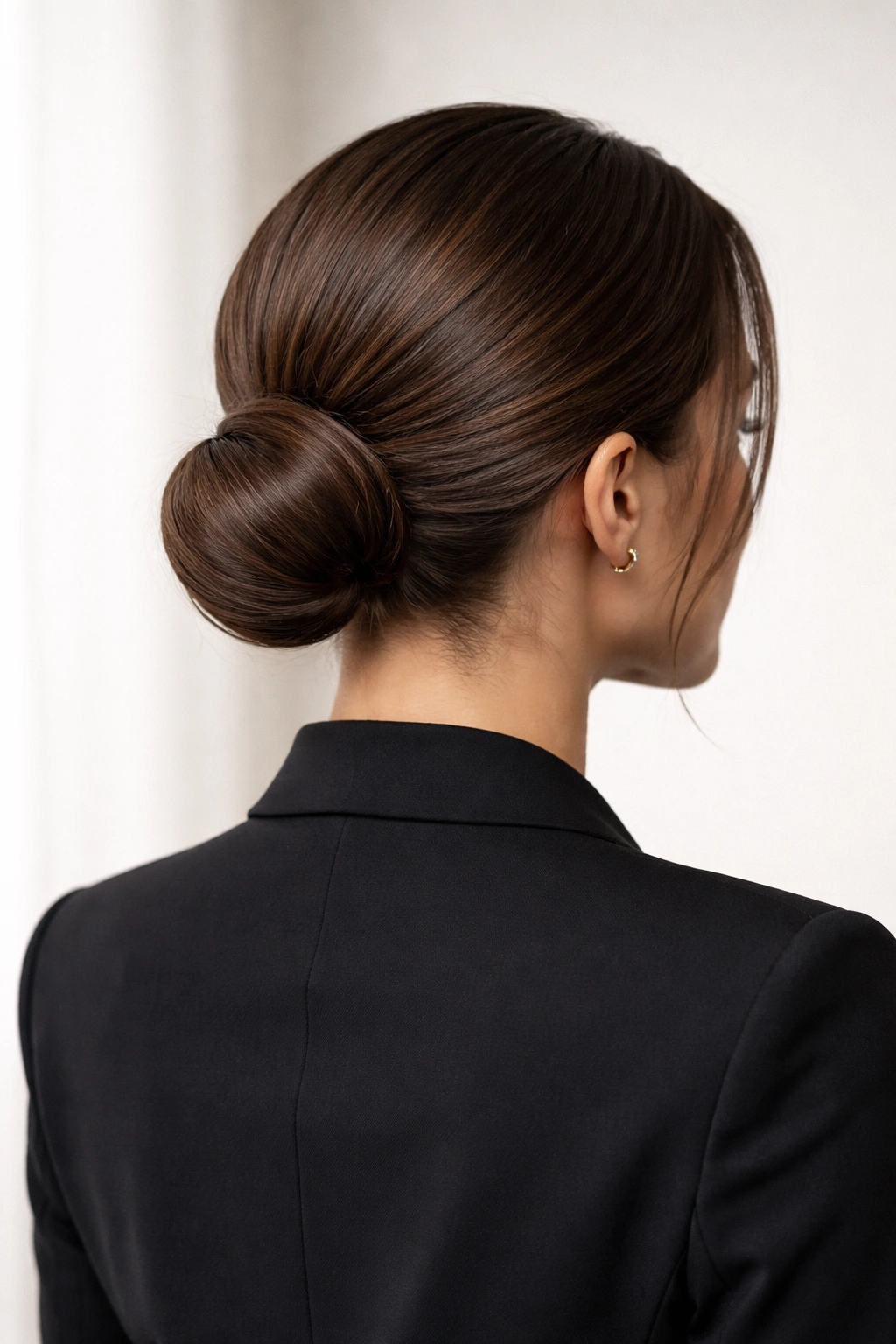 Portrait of a person with a low bun at the nape, sleek and textured.