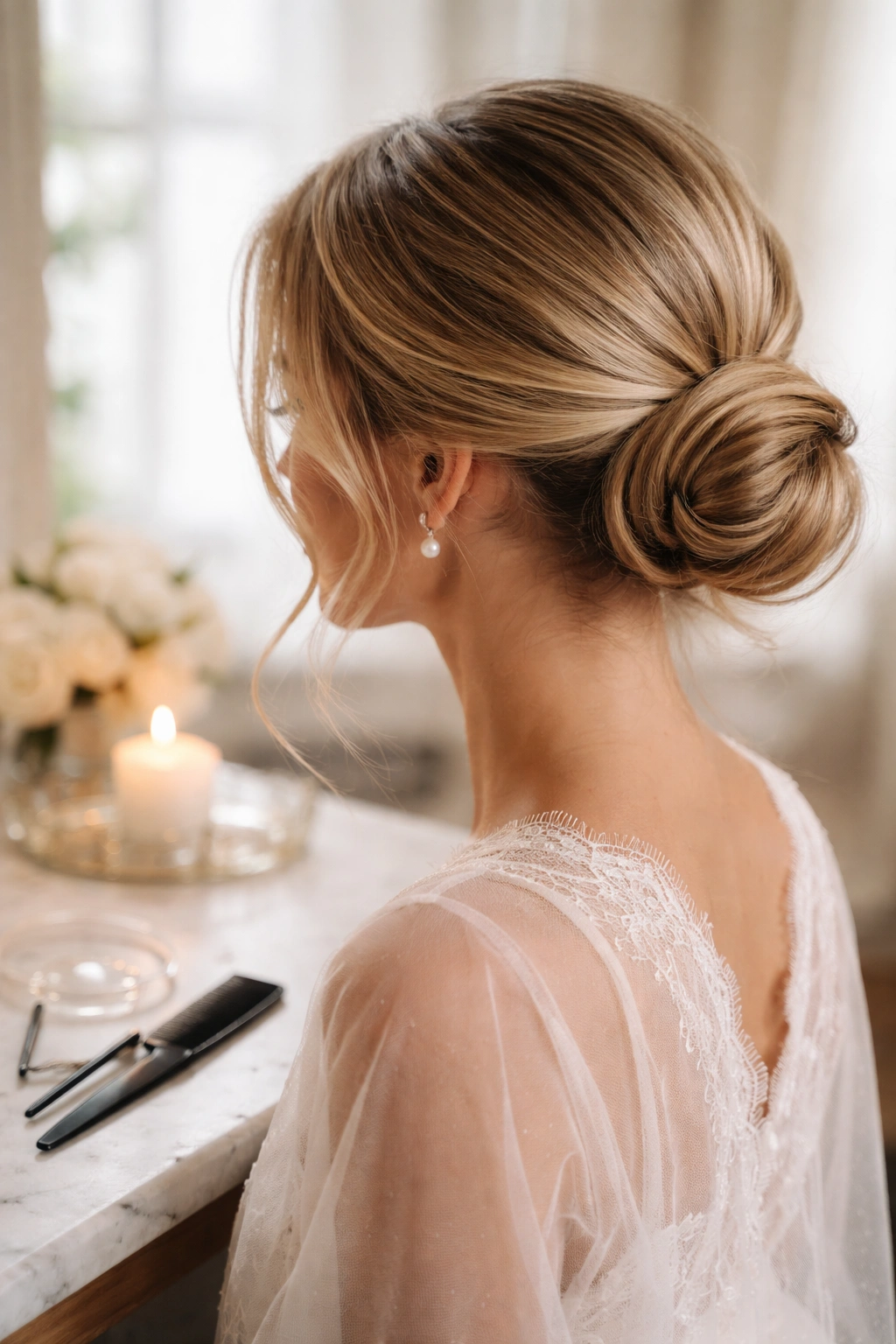 Side view of a low bun with wisps and pins in a softly lit dressing room, ready for maintenance