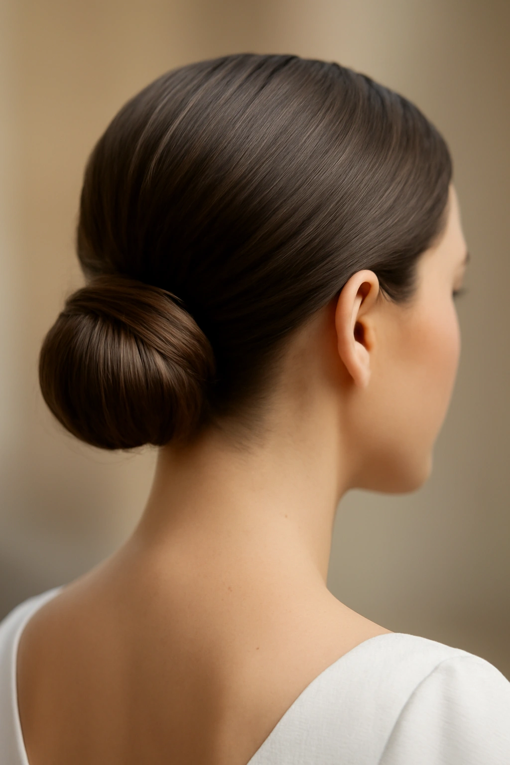 10 Simple Wedding Hairstyles for Short Hair Brides 2 Close-up of a sleek low bun at the nape with smooth finish