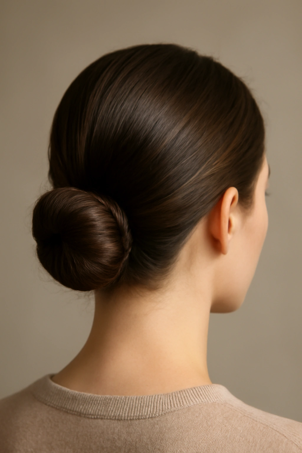 12 Classy Hairstyles That Work for Literally Any Occasion 1 Close-up of classic low bun at the nape with smooth polished hair