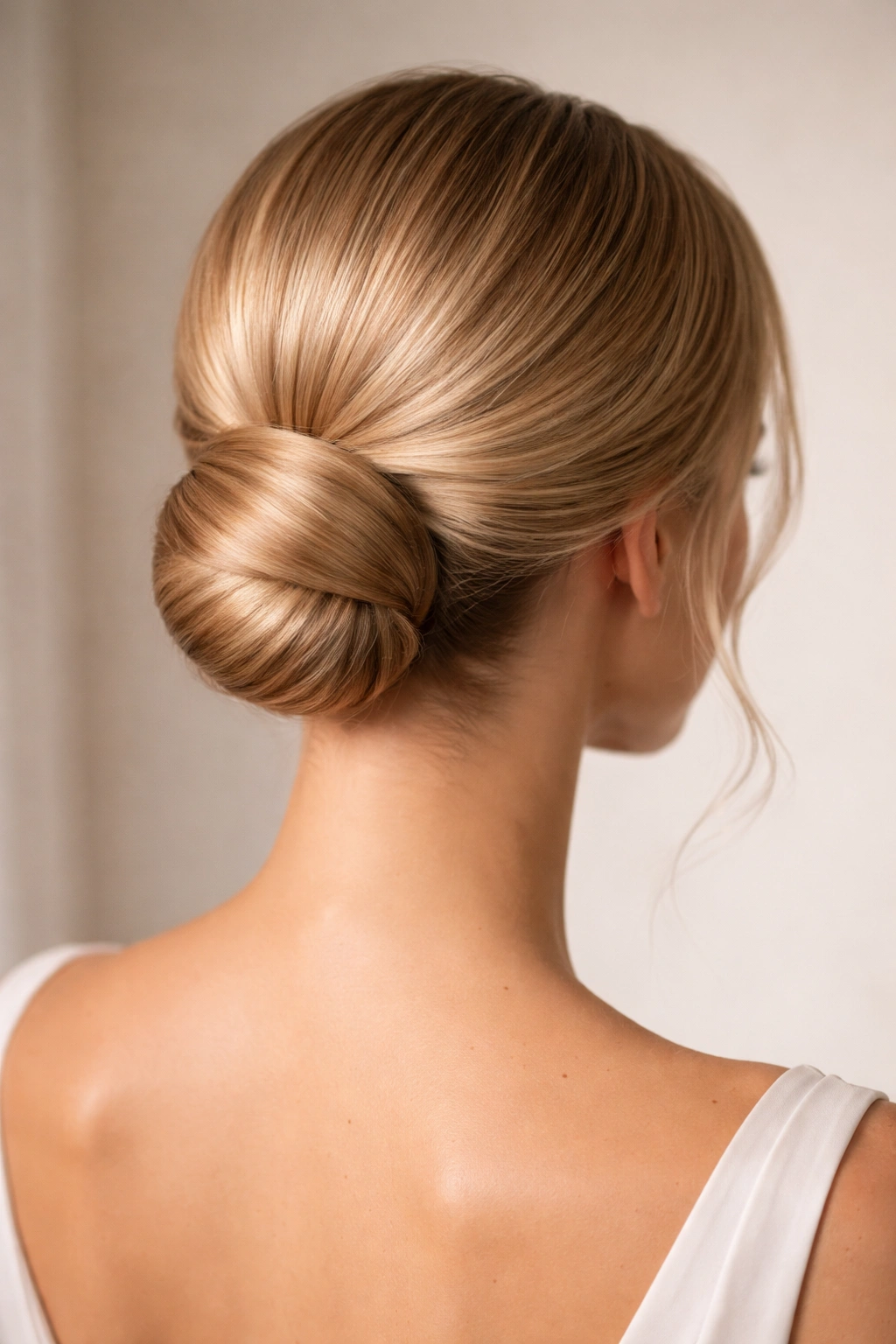 Polished low bun at the nape of the neck with a seamless finish