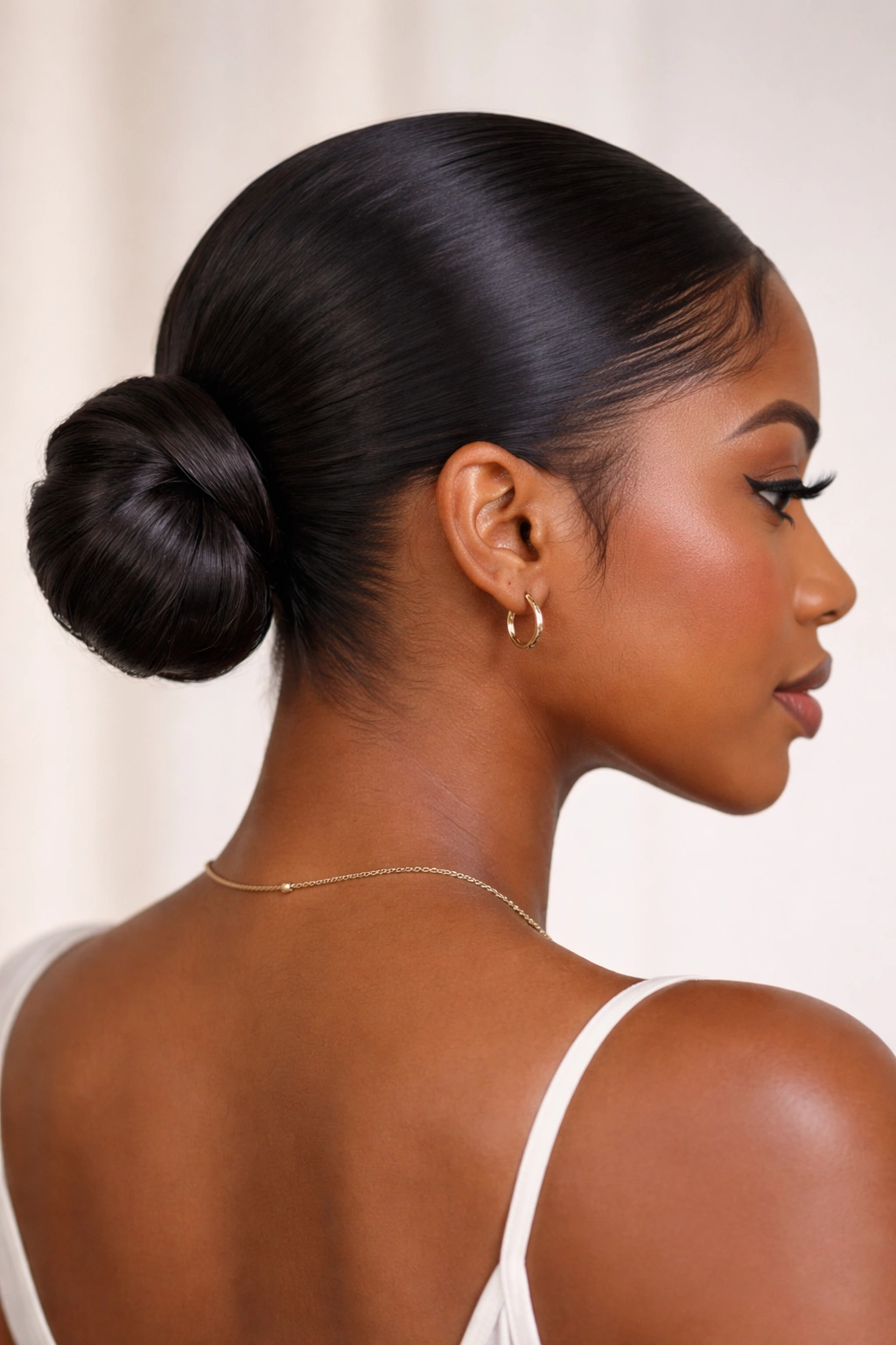 Close-up of a low ponytail base transforming into a sleek bun